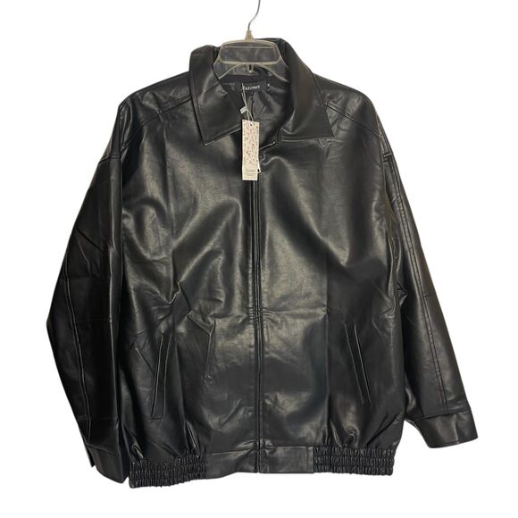 Automet Womens Black Faux Leather Bomber Jacket Sz M Zip Up Minimalist Modern - Picture 10 of 14